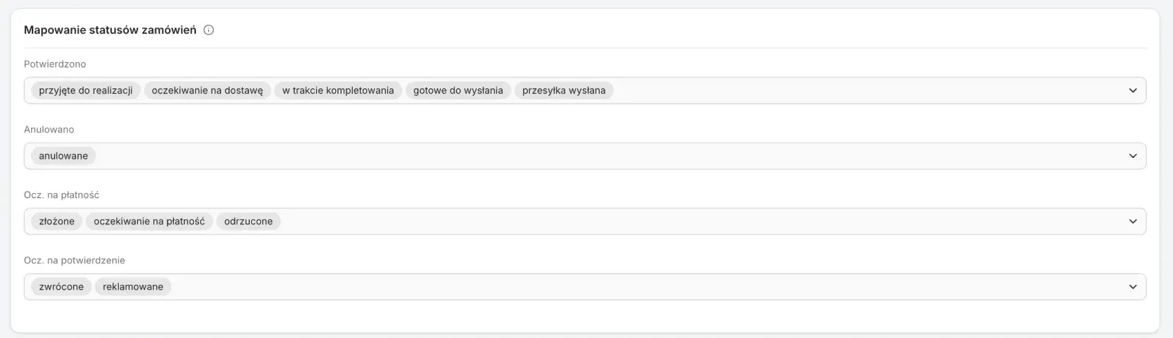 The Order status mapping card of the Shoper integration with an example assignment of the store's statuses