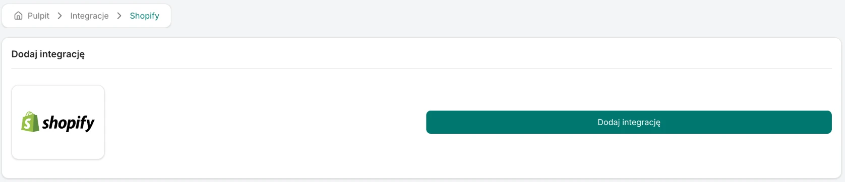 The screen for adding a Shopify integration with the Add integration button that leads to the install in Shopify