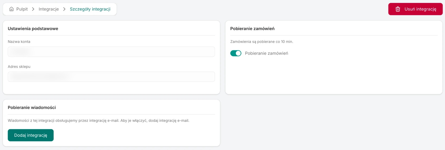 Shopify integration details: the account name, store address, the Fetch orders switch and the messages card pointing to the email integration