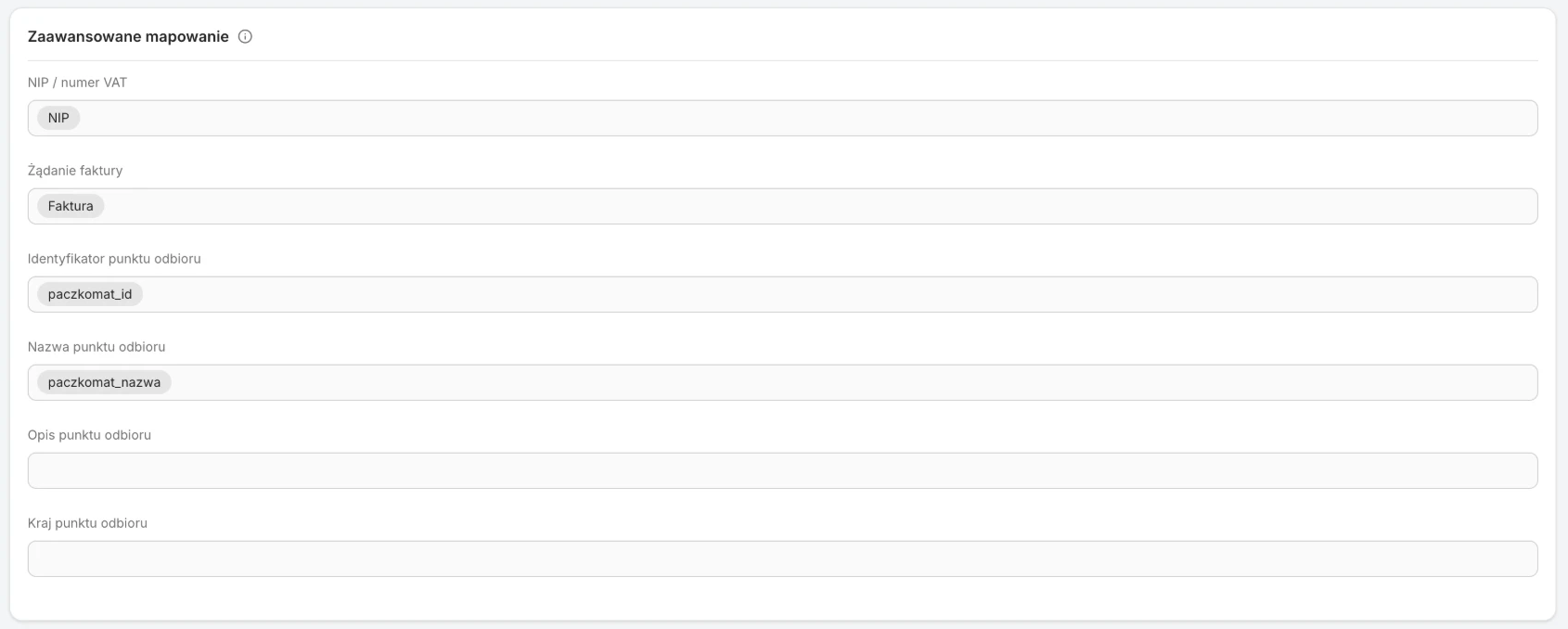 Karta Zaawansowane mapowanie integracji Shopify z przykładowymi nazwami pól NIP, Faktura, paczkomat_id i paczkomat_nazwa