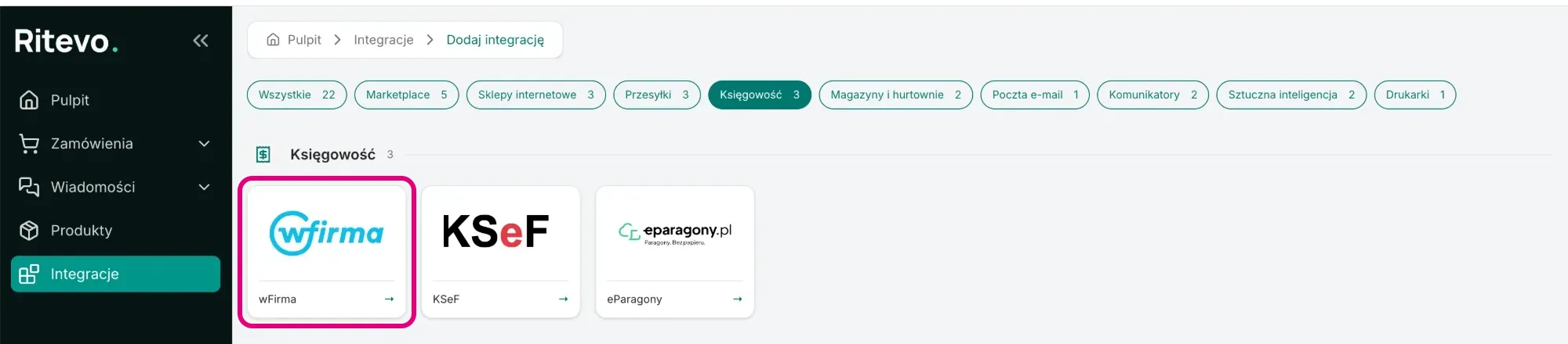 The Add integration screen with the wFirma tile framed in the Accounting section