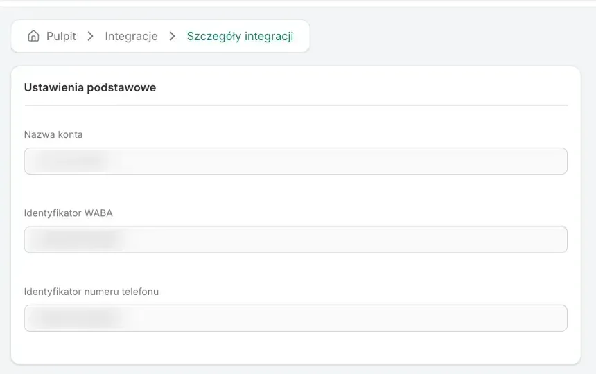 WhatsApp integration details: account name, WABA ID and phone number ID, read-only