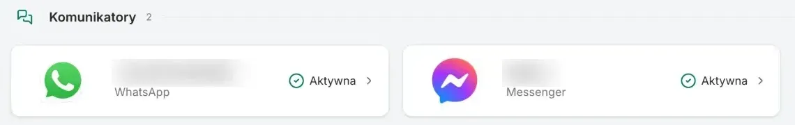 The Messaging section of the integrations list with the WhatsApp and Messenger tiles marked Active