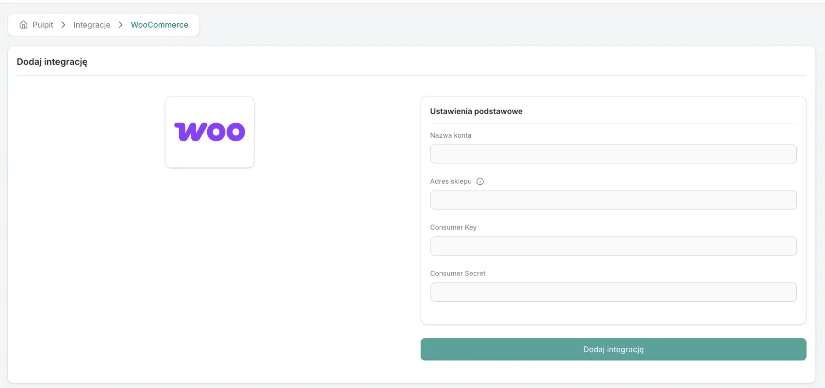 Ekran dodawania integracji WooCommerce z polami Nazwa konta, Adres sklepu, Consumer Key i Consumer Secret