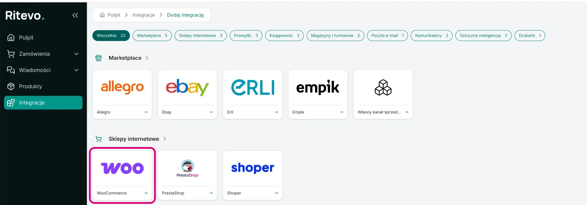 Ekran Dodaj integrację z zaznaczonym kafelkiem WooCommerce w sekcji Sklepy internetowe