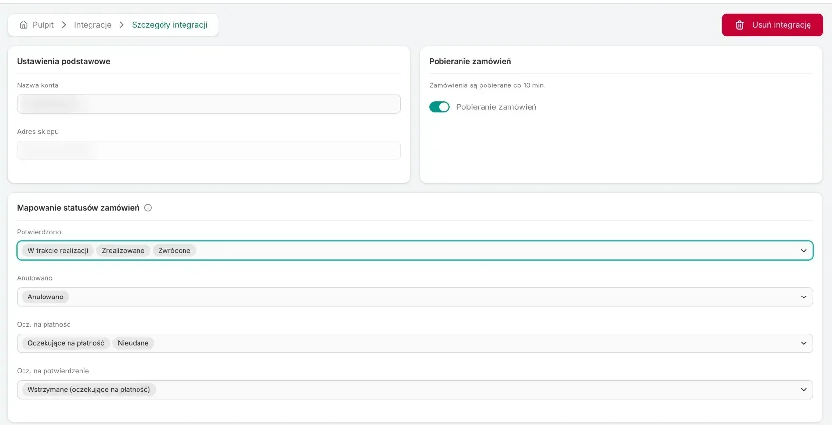 Szczegóły integracji WooCommerce: nazwa konta, adres sklepu, przełącznik Pobieranie zamówień i karta Mapowanie statusów zamówień
